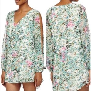 Lovers + Friends Gracie Green Multicolor Split Sleeve Mini Swing Dress Size M